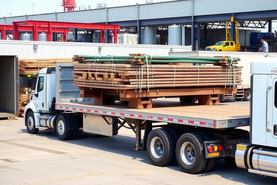 Flatbed trailer loaded with strapped lumber at an industrial yard