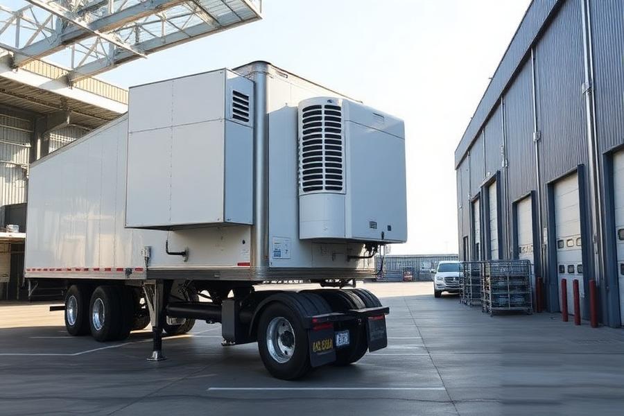 Refrigerated reefer trailer with its cooling unit at a cold storage dock