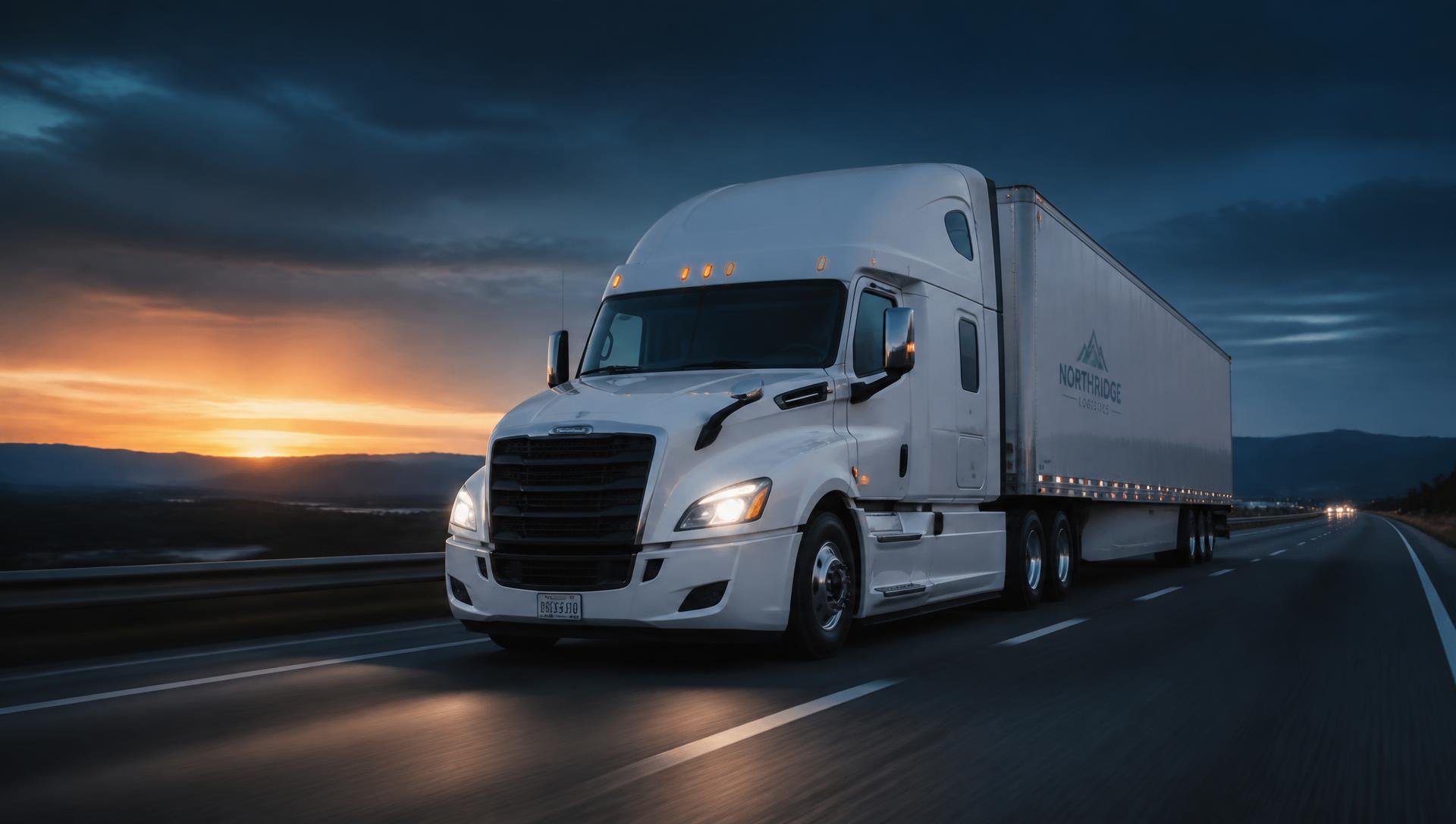 Semi truck traveling an open American interstate at dusk